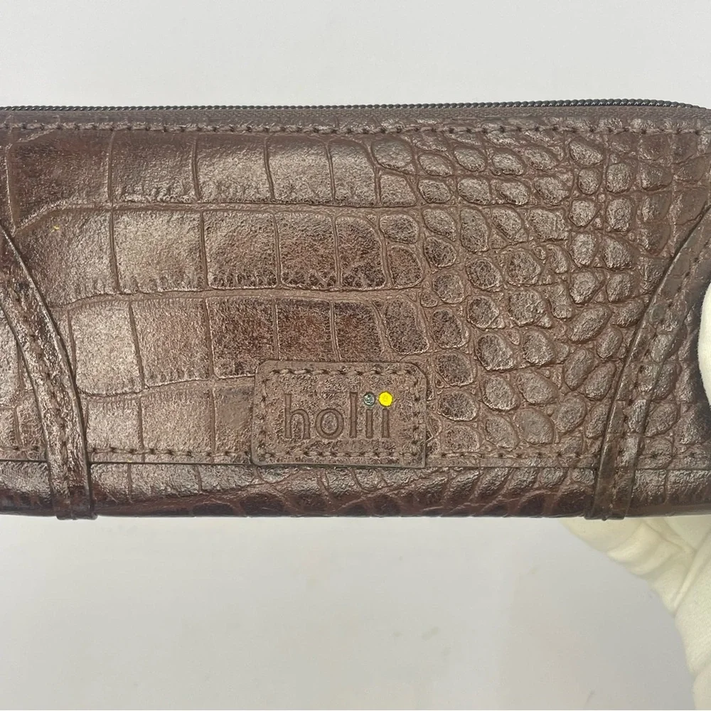 Y2K Holii Brown Embossed Leather Wallet With Antiqued Gold Hardware